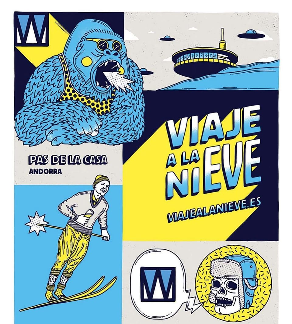 Cartel ilustrado de viajealanieve.es para Nochevieja y fin de exámenes, obra de Paco Tuercas