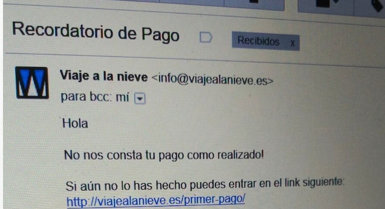 Correo de viajealanieve.es en Gmail con el asunto Recordatorio de pago: No nos consta tu pago como realizado