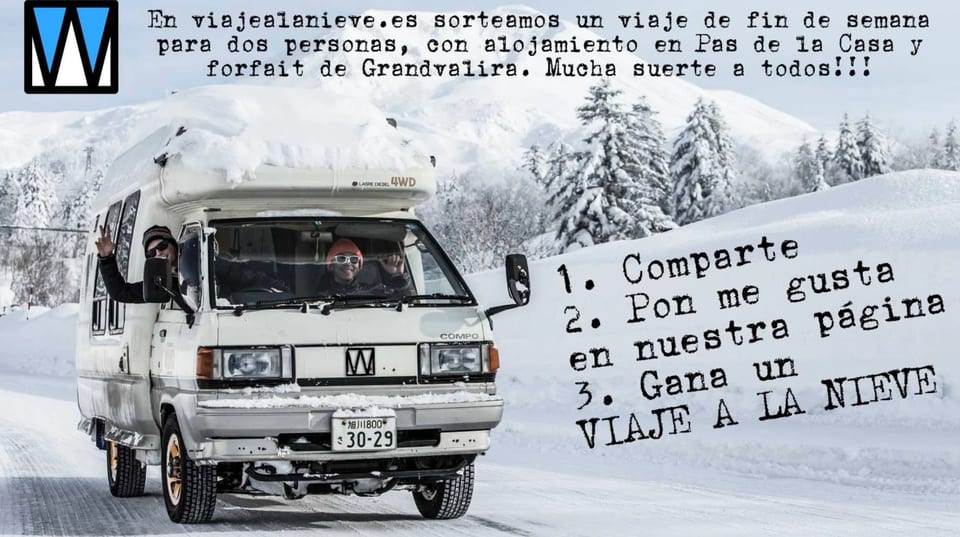 Imagen del sorteo de viajealanieve.es en Facebook, octubre de 2014: comparte, pon me gusta y gana un viaje a la nieve